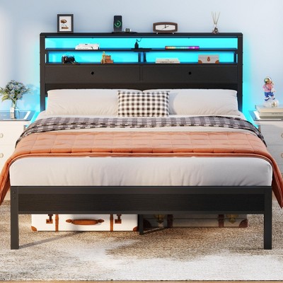 Furnulem Platform Bed Frame with LED Lights, Charging Station, Storage Drawers and Wood Headboard, No Box Spring Needed, Black Oak
