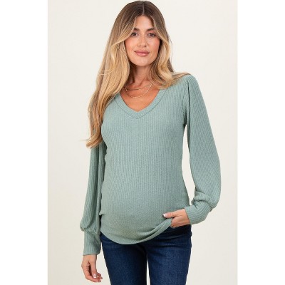 PinkBlush Light Olive Ribbed Knit V-Neck Button Cuff Maternity Top