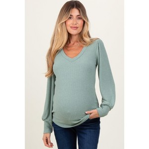 PinkBlush Light Olive Ribbed Knit V-Neck Button Cuff Maternity Top - 1 of 4
