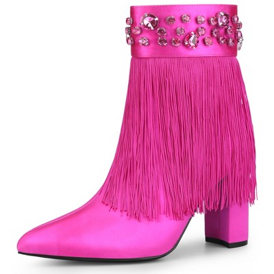 Perphy Women's Zip-up Pointed Toe Fringe Crystal Block Heel Ankle Boots