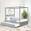 Full Size Canopy Bed with Twin Trundle, Kids Solid Wood Platform Bed Frame w/ Headboard, No Box Spring Needed - image 2 of 4