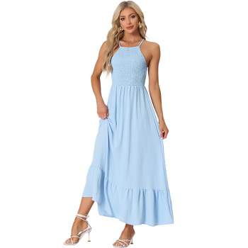 Allegra K Women's Smocked Halter Neck Backless Sleeveless Summer Maxi Dress