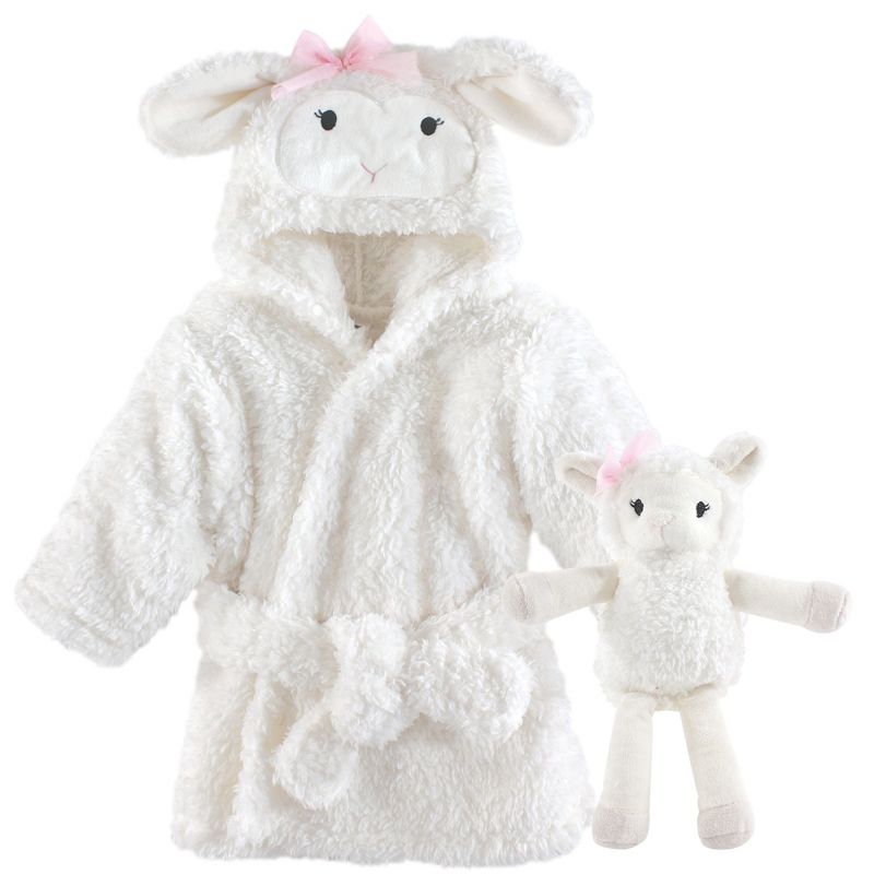 Hudson Baby Infant Girl Plush Bathrobe and Toy Set, Girl Lamb, One Size, 1 of 3