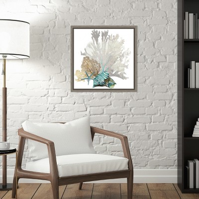 Coastal Coral and Seashells Canvas Art in Gray Frame