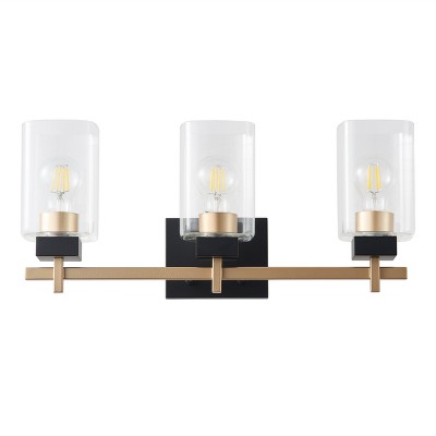 3-Light Modern Vanity Light Fixture for Bathroom, Matte Black and Brass Wall Sconce with Glass Shades