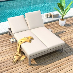 Whisen Double Outdoor Chaise Lounge with 5-Position Adjustable Backrest, Cushions & Folding Side Trays for Two - 1 of 4