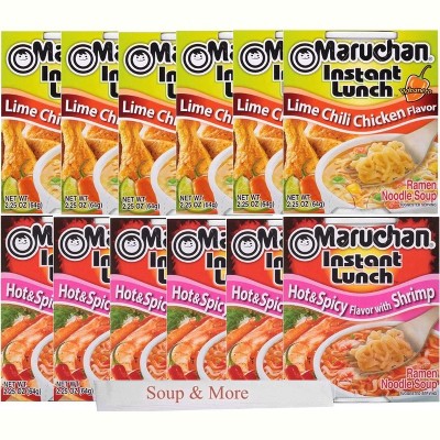 Maruchan Ramen Instant Cup Noodles 12 Count - 6 Hot & Spicy Shrimp & 6 Lime Chili Chicken