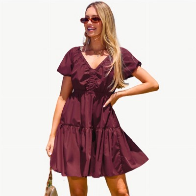 Women's Burgundy V-Neck Tiered Puff Sleeve Mini Dress - Cupshe