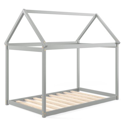 Tangkula Twin House Bed Frame Wooden Bed Platform Mattress Foundation w/House Appearance White/Gray