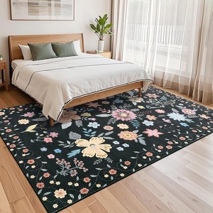 Runner Rug - Floral Boho Design, Ultra-Thin Low Pile, Non-Slip Backing, Machine Washable, 9*12ft, Black - 1 of 4