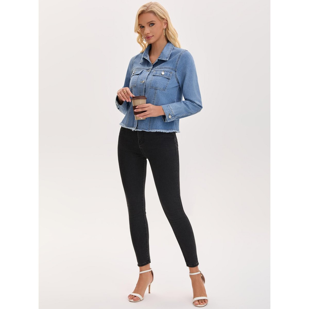 Женские куртки INSPIRE CHIC Women's Denim Turndown Collar Shacket Long Sleeve Frayed Hem Button Down Cropped Jean Jacket Large Blue — фото 3