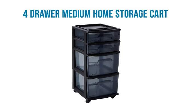 Homz Tall Solid Plastic Versatile 4 Drawer Medium Home Storage Cart with 4 Caster Wheels for Home, Office, Dorm, and Classroom, Black, 2 of 8, play video