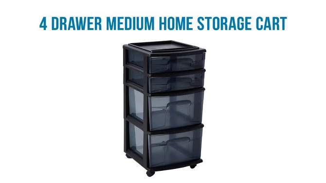 Homz Tall Solid Plastic Versatile 4 Drawer Medium Home Storage Cart with 4 Caster Wheels for Home, Office, Dorm, and Classroom, Black, 2 of 8, play video