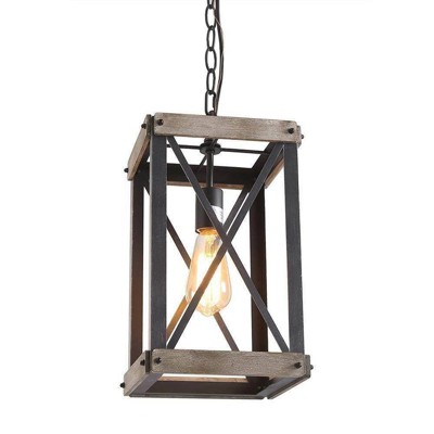 LNC Laius 1-Lights 9" Farmhouse Square Kitchen Island Pendant  Lights, Matte Black and Brown Wood