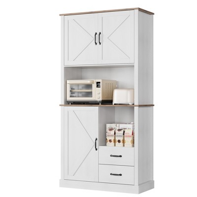 Modern Kitchen Pantry Cabinet with Microwave Stand, 71 Inch Tall Hutch Bar Cabinet with 2 Drawers, 3 Door Cabinets, Adjustable Shelves