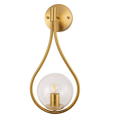 YANSUN 7.87 in. 1-Light Gold Wall Sconce Mid-Century Water Drop Design with Global Seeded Glass Shade for Bedroom Bedsides Gold