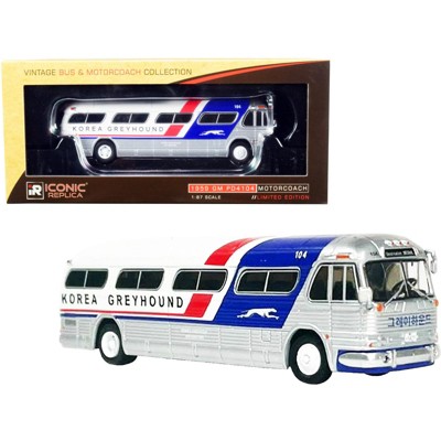 1959 GM PD4104 Bus "Seoul" "Korea Greyhound" Silver & White w/Stripes 1/87 (HO) Diecast Model by Iconic Replicas