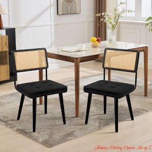 Rattan Dining Chairs Set of 2, Velvet Upholstered Kitchen Chairs w/ Woven Cane Back & Wooden Legs, Farmhouse Armless Dining Room Seat - 1 of 4