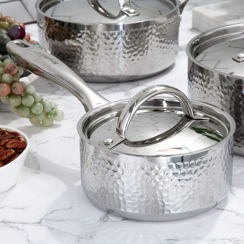 BergHOFF Vintage Tri-Ply Stainless Steel Saucepan With Stainless Steel Lid, Hammered, Silver, 3 of 10