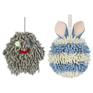 REGALWOVEN 2 Packs Fluffy Chenille Rabbit Shape Cute Soft Absorbent Hanging Ball Hand Towels 7" x 7" - 1 of 4