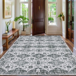 Washable Neutral Area Rug Boho Vintage Floral Retro Geometric Non Slip Low Pile Carpet for Living Room Bedroom - 1 of 4
