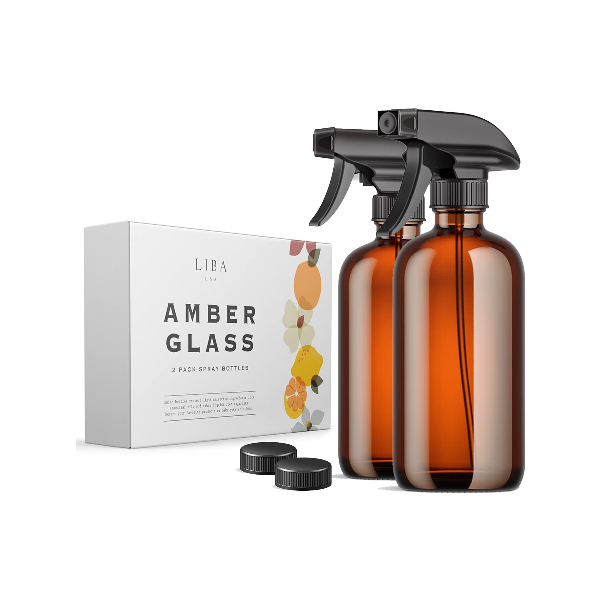 LiBa Amber Glass Spray Bottles 2 Pack, 16 oz Refillable Empty Spray Bottle for Cleaning