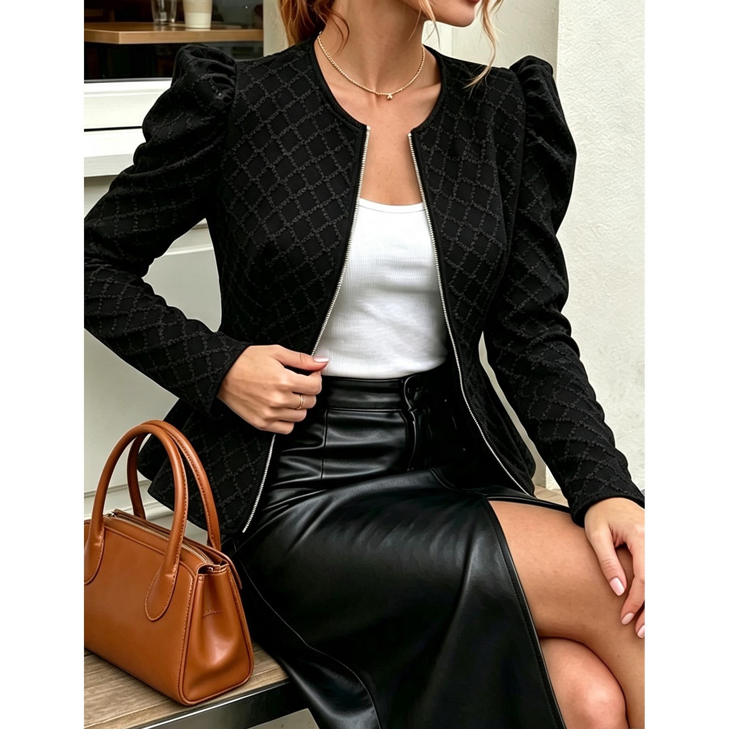 Женская куртка YesFashion Women Puff Sleeve Zip Up Peplum Jacket Elegant Textured Outerwear, Black, цвет: Чёрный — фото 3