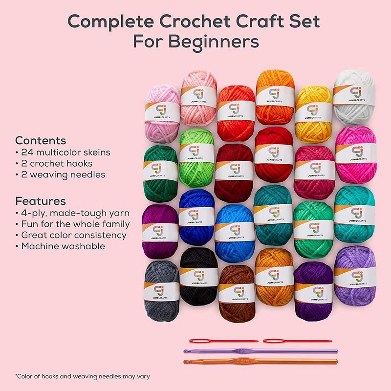 JumblCrafts 24-Yarn Crochet and Knitting Starter Kit with 2 Crochet Hooks and 2 Weaving Needles 24 Assorted Colors Acrylic Yarn Skein, 3 of 7