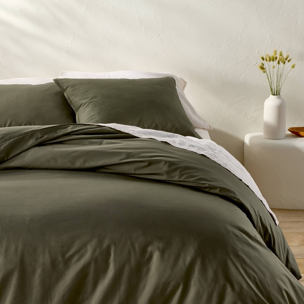 Full/Queen Cotton Percale Duvet Set Olive Green - Casaluna™