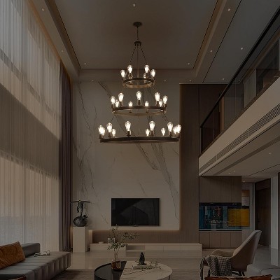 Wagon Wheel Chandelier 27-Light 3-Tiers Round Farmhouse Chandelier Light Fixture for Dining Room Kitchen Living Room