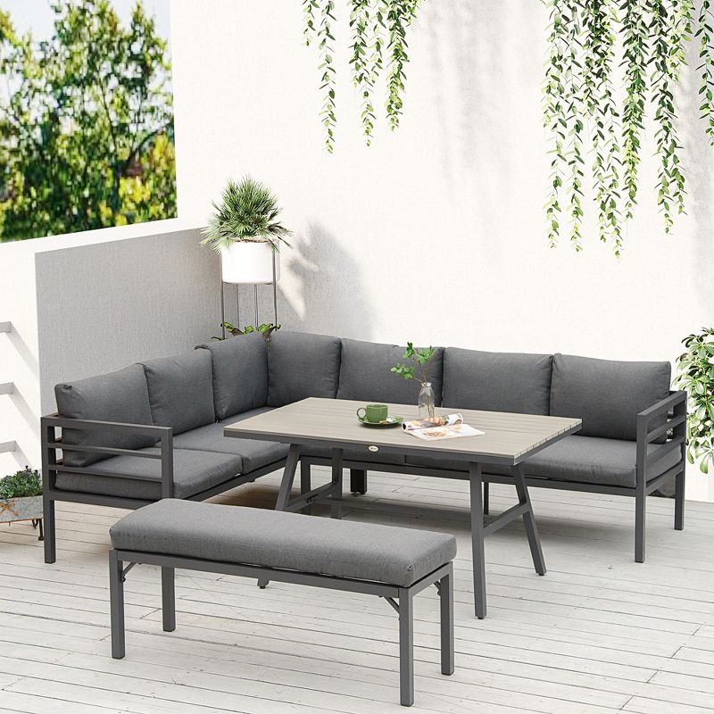 Outsunny 4 Piece Patio Furniture Set, Outdoor L-Shaped Sectional Sofa with 2 Couches, Bench, Dining Table, Cushions, Aluminum Conversation Set, Gray, 2 of 7