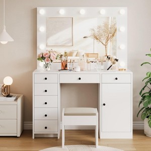 White Vanity Desk with Mirror Lights & Charging Station, 7-Drawer Makeup Table with 3 Color Modes, Modern Dressing Table for Bedroom - 1 of 1