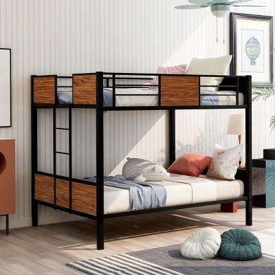 Streamdale Full-Over-Full Bunk Bed Modern Style Steel Frame Bunk Bed With Safety Rail, Built-In Ladder, Brown