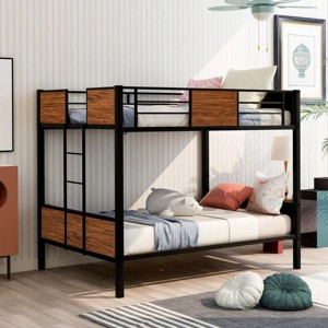 Streamdale Full-Over-Full Bunk Bed Modern Style Steel Frame Bunk Bed With Safety Rail, Built-In Ladder, Brown - 1 of 4