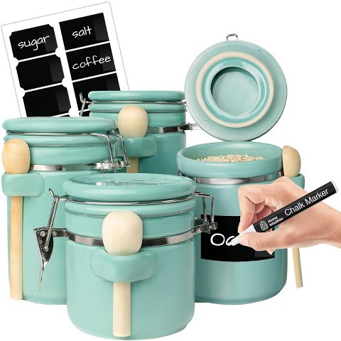 Home Intuition 4-Piece Ceramic Kitchen Canisters Set, Airtight Jars with Wooden Spoons Reusable Chalk Labels and Marker for Sugar, Coffee, Flour, Tea (Turquoise)