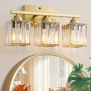 POWLIG 16.9-in 3-Light Gold Dimmable Transitional Vanity Light with Square Crystal Shade - 1 of 4