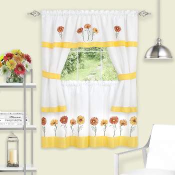 Kate Aurora Montauk Accents Embroidered Sunflowers & Daisies Complete 5 Piece Cottage Kitchen Curtain Tier & Valance Set