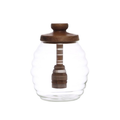 Storied Home 4 Inches Round 14-Ounce Glass Honey Jar with Acacia Wood Lid and Attached Honey Dipper for Kitchen, Natural