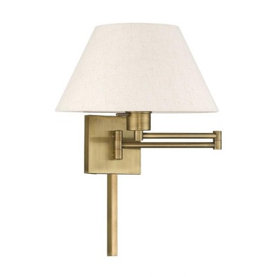 Antique Brass Swing Arm Wall Lamp with Oatmeal Fabric Shade