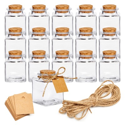 Juvale 15 Pack Mini Glass Bottles with Cork Stoppers, Mini Squared Jars for Party Favors, DIY Decorations (1.7 oz)