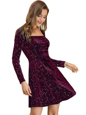 Allegra K Women's Stars Print Square Neck Vintage Velvet Mini Dress