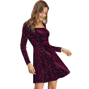 Allegra K Women's Stars Print Square Neck Vintage Velvet Mini Dress - 1 of 4