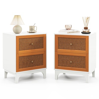 Tangkula 1/2 pcs Rattan Nightstand Boho Accent Table with 2 Handwoven Rattan Decorated Drawers Bedside Table with Solid Wood Legs