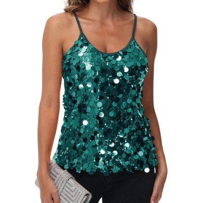 Anna-Kaci Women's Sequin Spaghetti Strap Tank Top with Iridescent Disc Accents