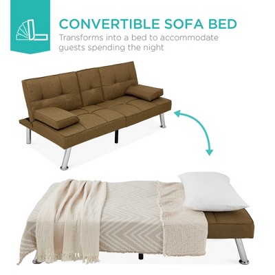 Modern Brown Linen Convertible Sleeper Sofa with Metal Legs and Cup Holder