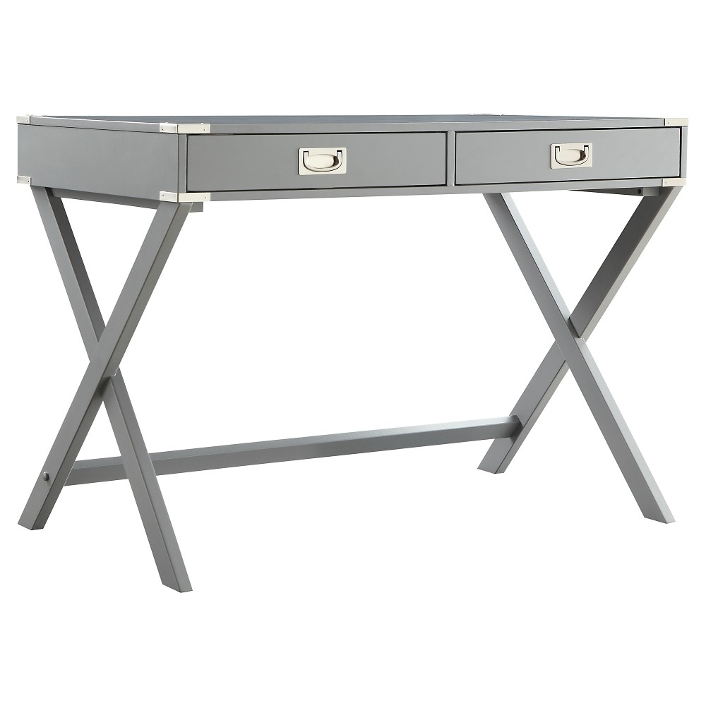 Photos - Office Desk Kenton Wood Writing Desk with Drawers Gray - Inspire Q: Heathered Finish, X-Frame Metal Legs, Home Office Furniture