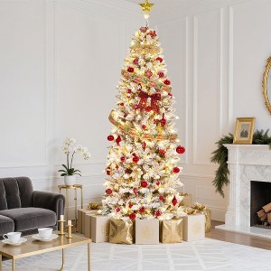 White Pre-Lit Pencil Christmas Tree – Frosted Artificial Xmas Tree with LED Lights & Metal Base for Home/Party Decor (1-Piece) - 1 of 4