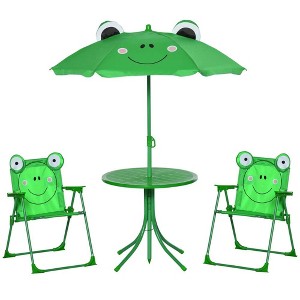 Resenkos 4-Piece Kids Patio Table And Chairs, Frog Pattern,Adjustable Sun Umbrella, Metal, Polyester, Green - 1 of 4