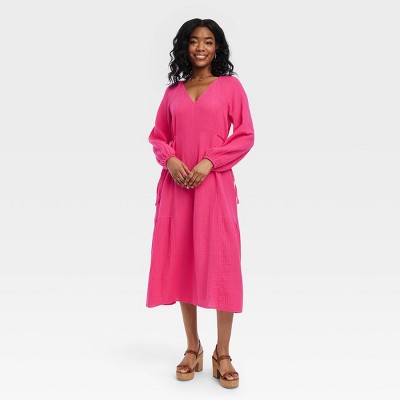 Women's Balloon Long Sleeve Midi A-line Dress - Universal Thread™ Pink Xs :  Target