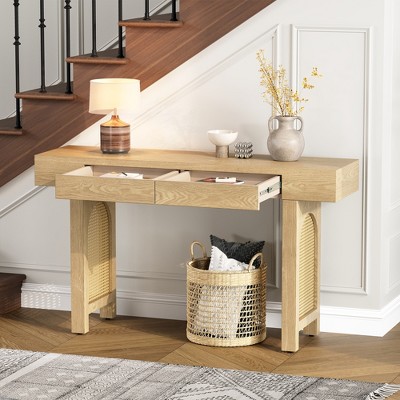 Wooakway Narrow Console Table with Rattan Accent, Natural Wood Finish Entryway Table with Storage Drawers Black